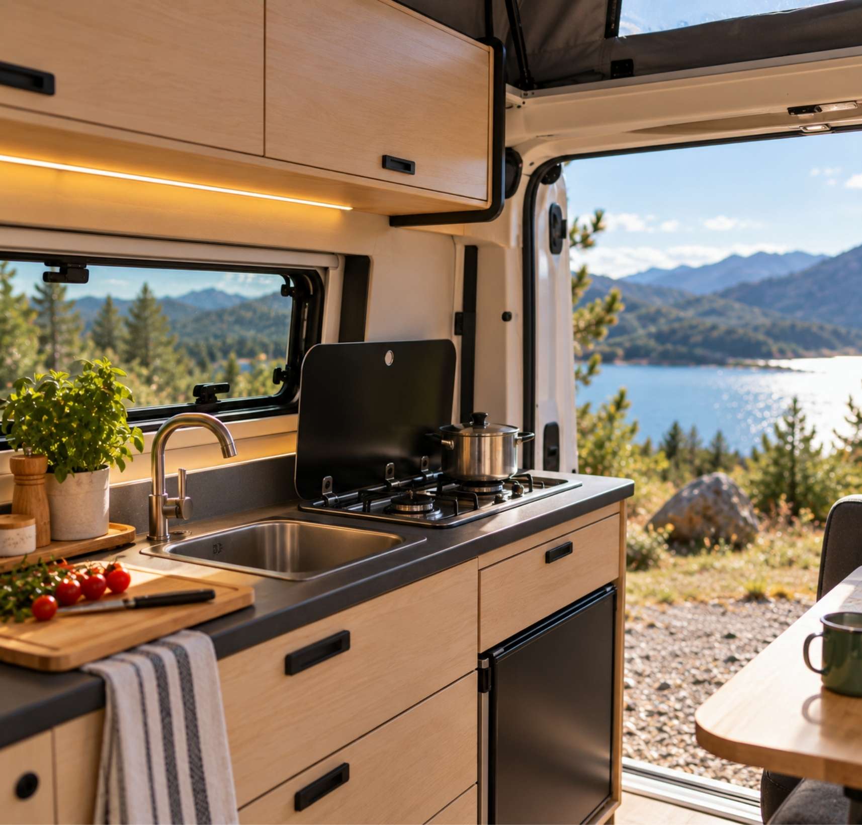 Küche im Campervan – Spüle, Kocher und Arbeitsplatte im Ausbau